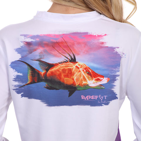 Image of Barefoot In Public Women's Hogfish Long Sleeve Performance Shirt - Planet Ocean Edition